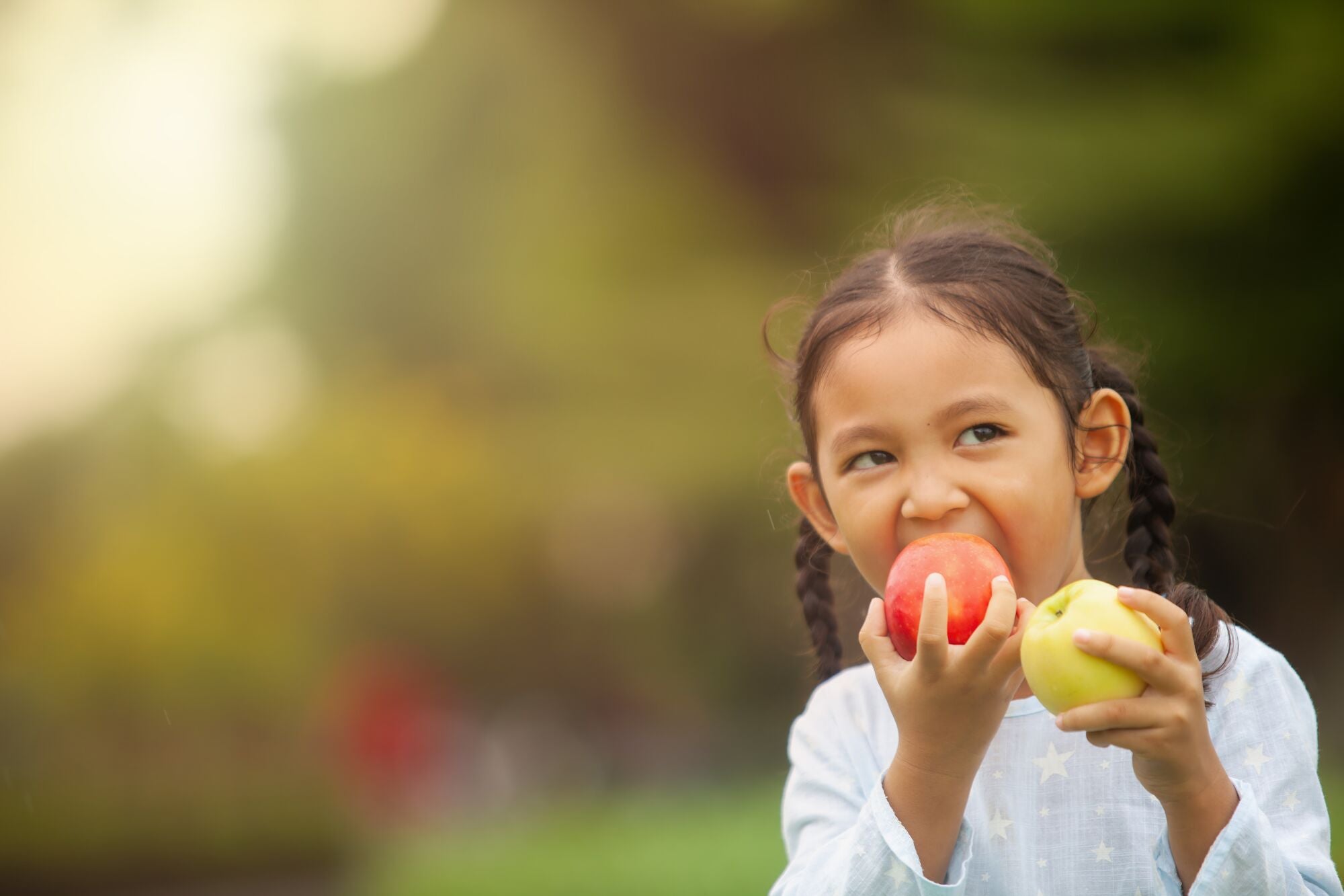 A young girl holds two apples in her hands. A red apple in one hand that she is taking a bite out of and a yellow/green apple in her other hand. A blurred green background.