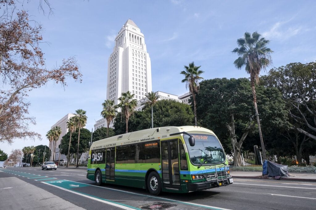 An all-electric bus in Los Angeles, Jan. 12, 2021.