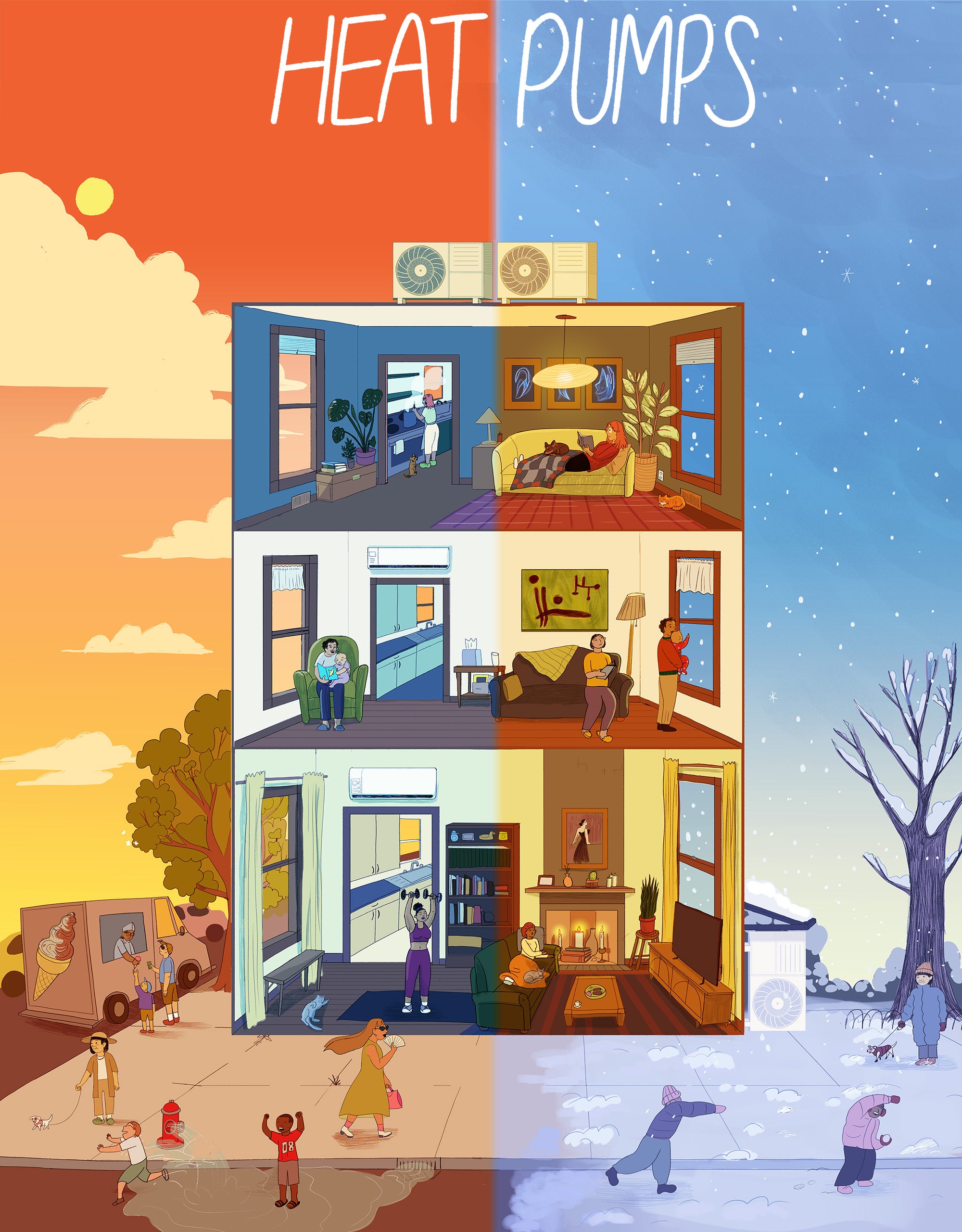 Illustration of heat pumps installed on the roof of an apartment building heating residential units in the winter and cooling them in the winter.