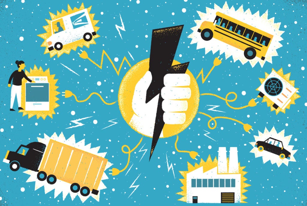 Illustration of electrification of buildings, vehicles, heat pumps, and stoves.