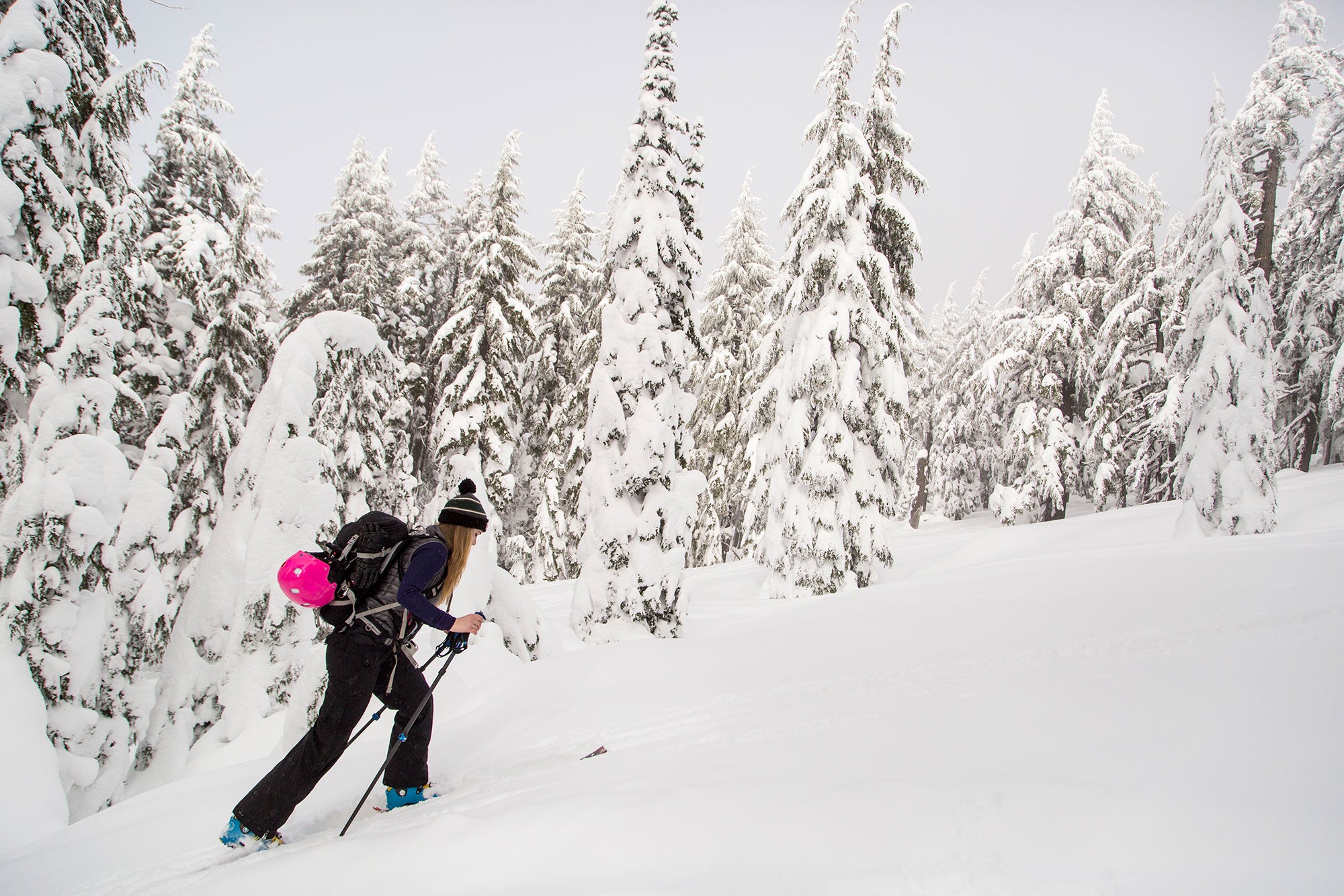 Skiing through winter snow on Tumalo Mountain, Oregon.