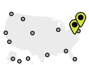 Map of Earthjustice’s office locations, with the New York City and Washington, D.C., locations highlighted.