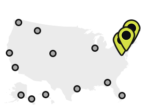 Map of Earthjustice’s office locations, with the New York City, Philadelphia, and Washington, D.C., locations highlighted.