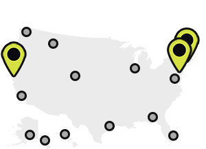 Map of Earthjustice’s office locations, with the San Francisco, NYC, and Philadelphia locations highlighted.