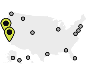 Map of Earthjustice’s office locations, with the San Francisco and Los Angeles locations highlighted.